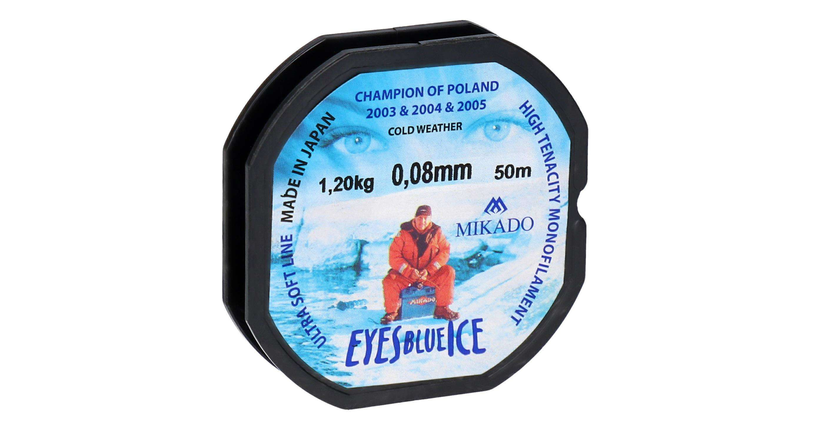Różne warianty żyłki podlodowej Mikado Eyes Blue Ice