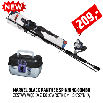 Zestaw dla dzieci Shakespeare Marvel Black Panther Spinning Combo ze skrzynką