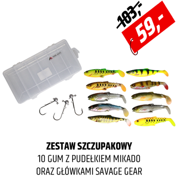 Zestaw gum szczupakowych Savage Gear z pudełkiem i główkami